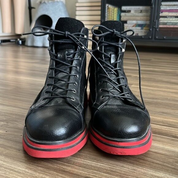 MeMarc Nolan Aiden Black Leather Combat Boots Red Sole Lace Up Suede Hike Active main image 8